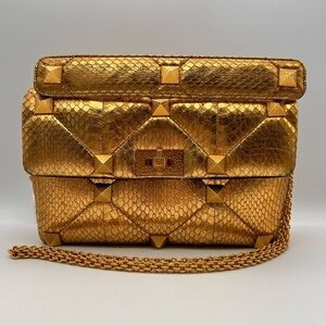 Valentino Roman Stud metallic gold python leather Bag Large Full Set